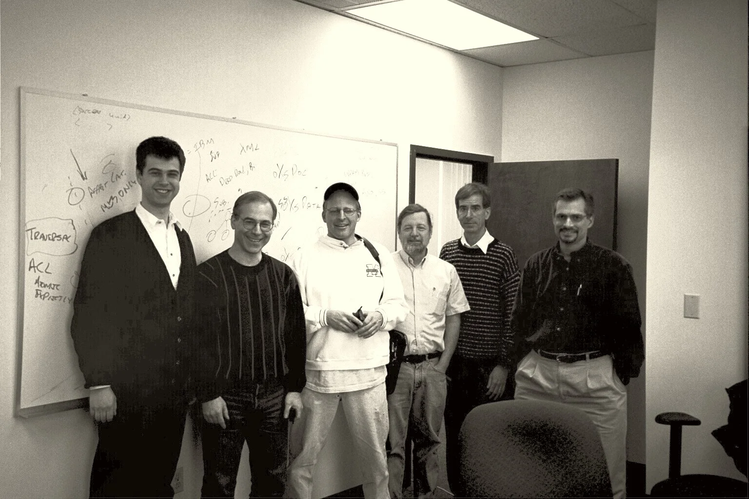 The OpenFinance team in front of a whiteboard, late 1990s.
